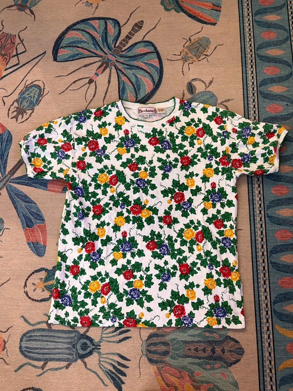 Vintage Bechamel Floral Short Sleeve Tee in White with Red Yellow Purple Flowers